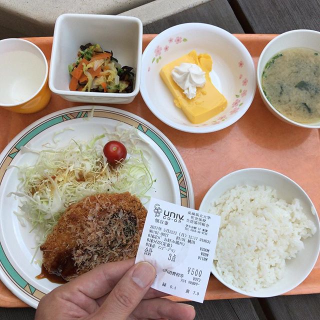 お好み焼き風チキンカツ。屋外席なので鰹節がどんどん飛んでいく。。今日は定食にマンゴープリンをつけてみた。#今日の昼ごはん