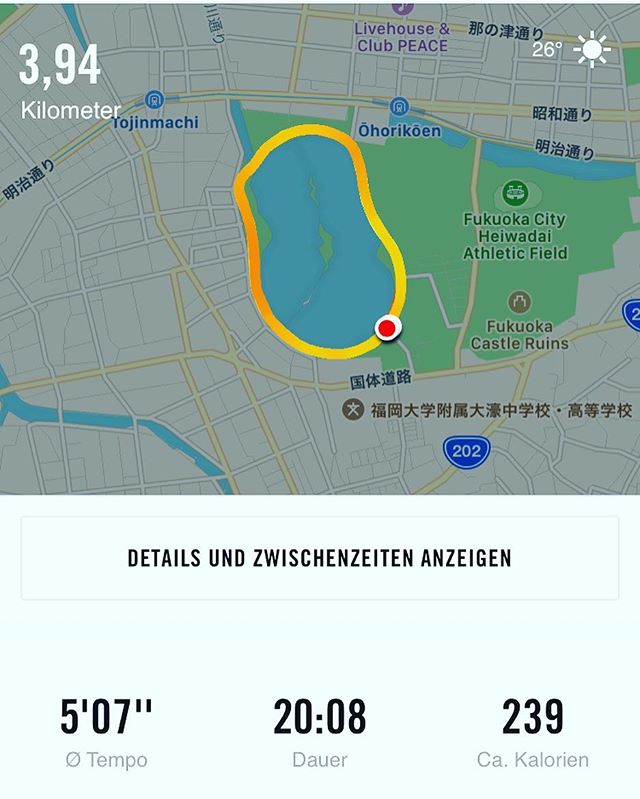 1週間ぶりの運動。大濠公園を2周したよ。約4kmのランニングでした。